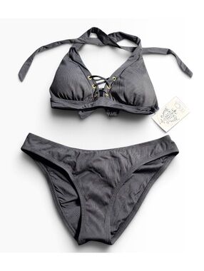 Becca Black ribbed textured halter style hipster bottom bikini set size L NWT